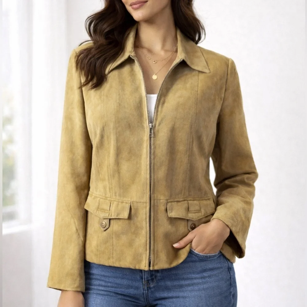 Tribal Faux Suede Tan Zip Jacket Western Boho Chic Lightweight Size 8